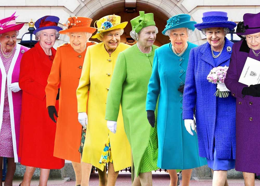 rainbow compilation of Queen Elizabeth in various colored outfits