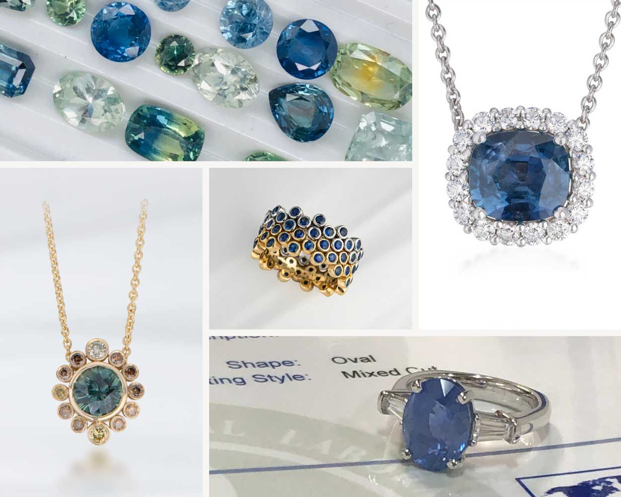 Collage of sapphire gemstones and jewelry