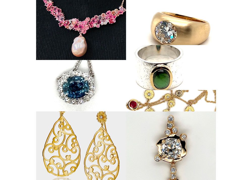collage of custom designed jewelry pieces by Diana Widman