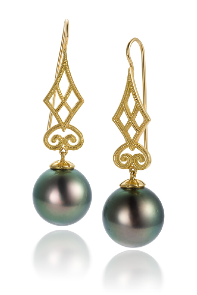 Our gold Garden Gate design hanging earrings feature luscious 13mm round Tahitian pearls.